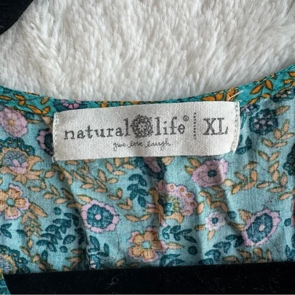 Natural Life Stella V-Neck Mini Dress Women’s XL Turquoise Ditsy Vines Bohemian - Picture 6 of 11